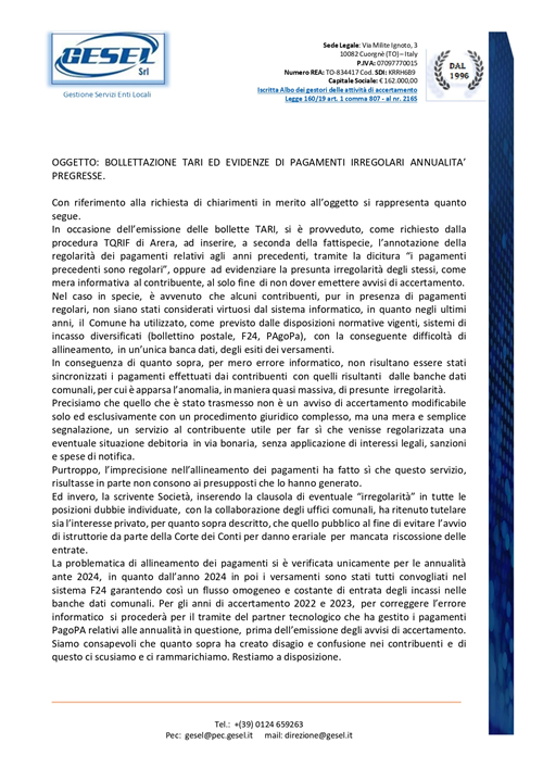 Chiarimenti bollettazione TARI - Segnalazione pagamenti irregolari annualità pregresse