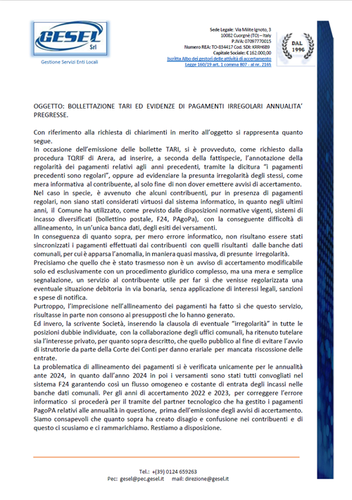 Chiarimenti bollettazione TARI - Segnalazione pagamenti irregolari annualità pregresse